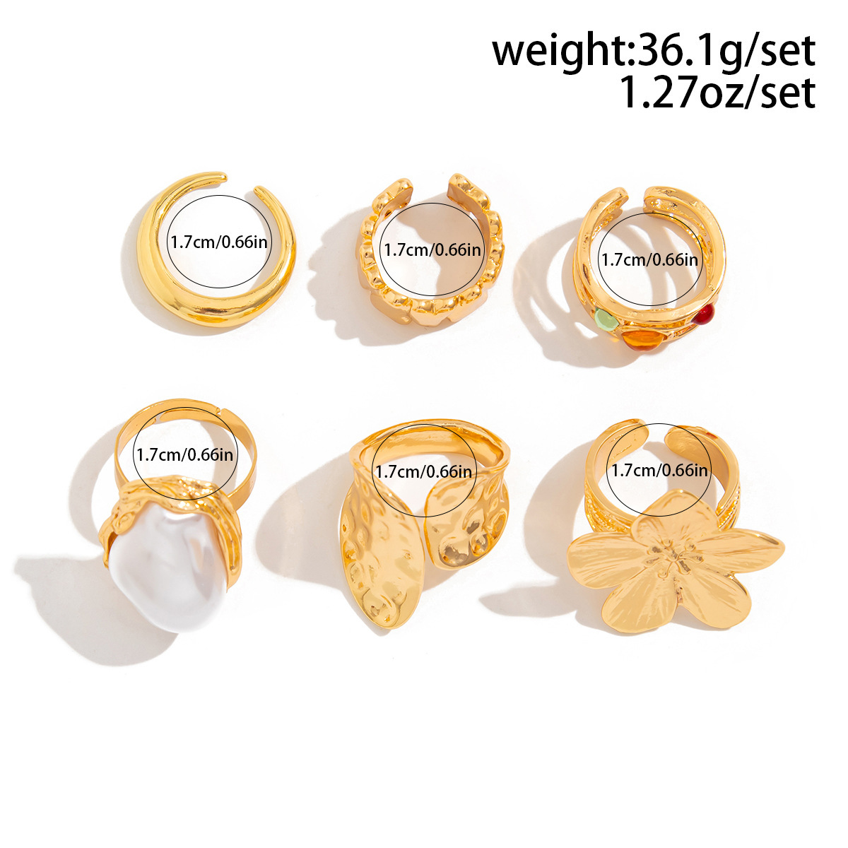 6pcs French Baroque Flower Statement Rings Set with Pearl Accent